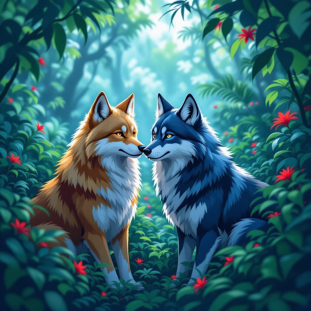 Golden and Dark Wolves in a Lush Jungle