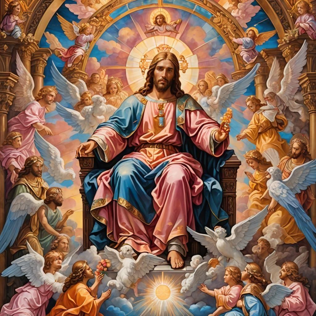 Jesus Christ Enthroned in Heaven: An Oil Painting