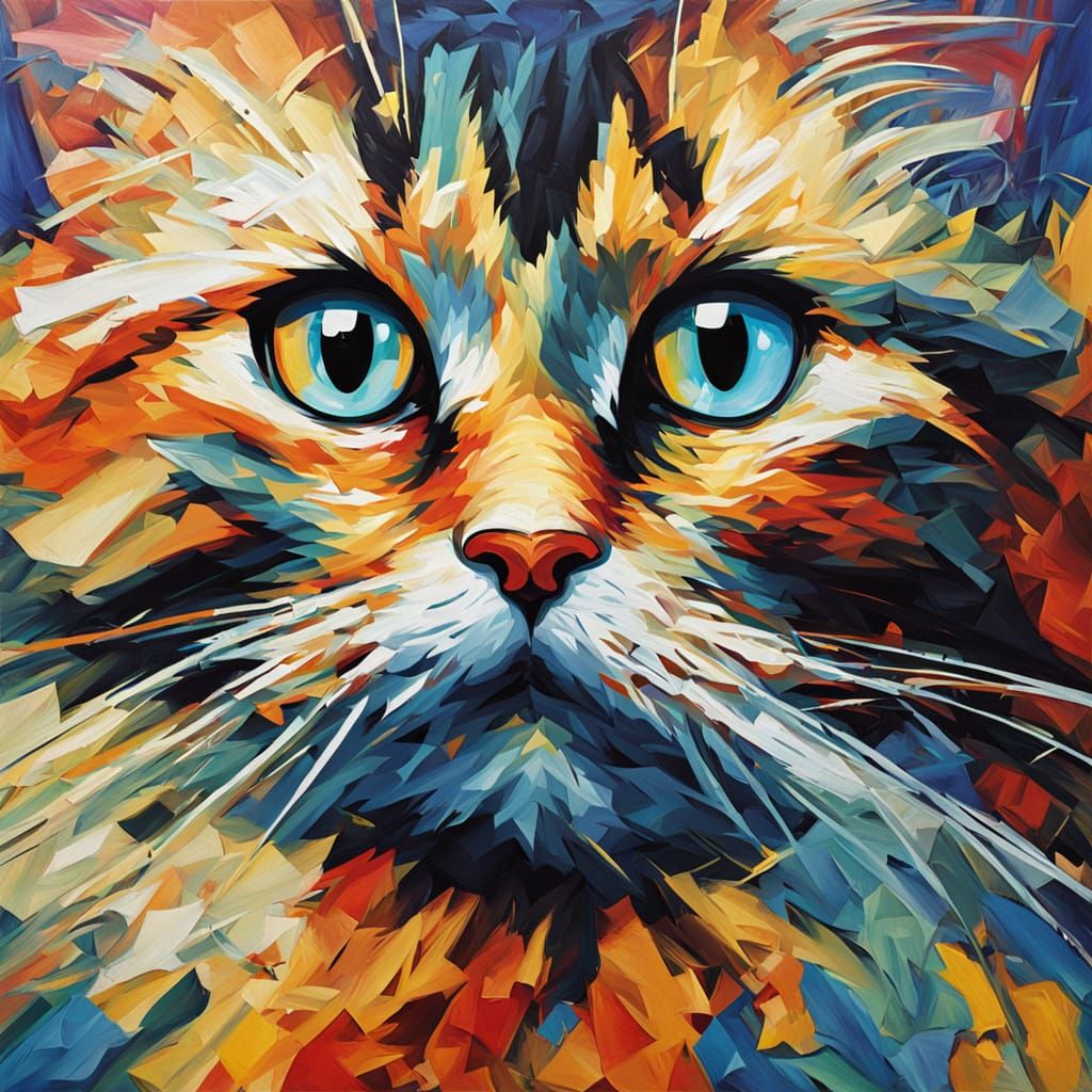 Confused Cat Oil Painting in Neo-Impressionist Style