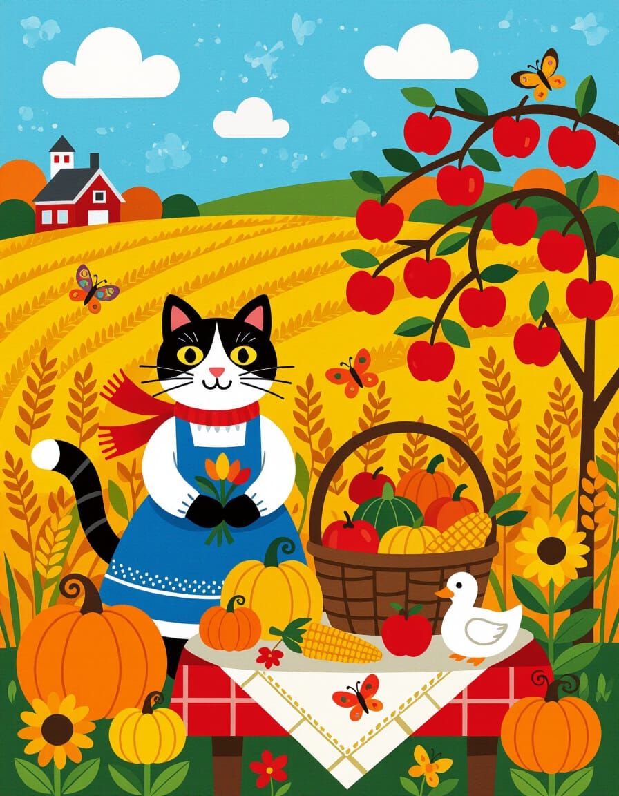 Felt Art Cat Amidst Autumn Harvest