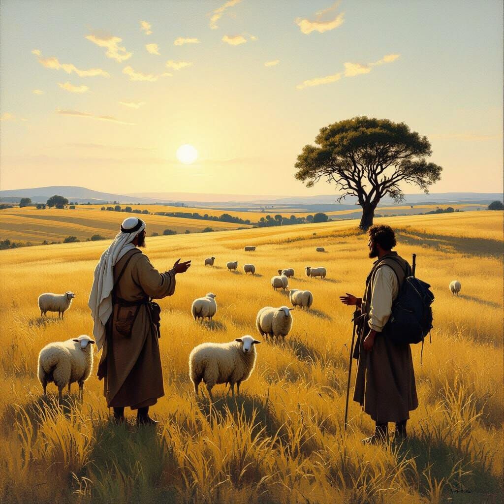 Shepherd and Traveler in Golden Plain Oil Painting