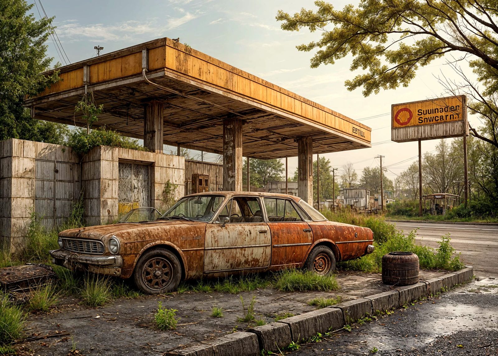 Abandoned Gas Station with Rusted Car in Photorealistic Styl...