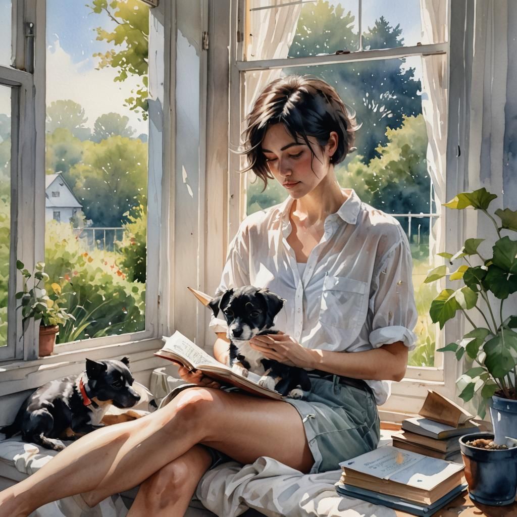 Watercolor Painting of Woman with Puppy and Book