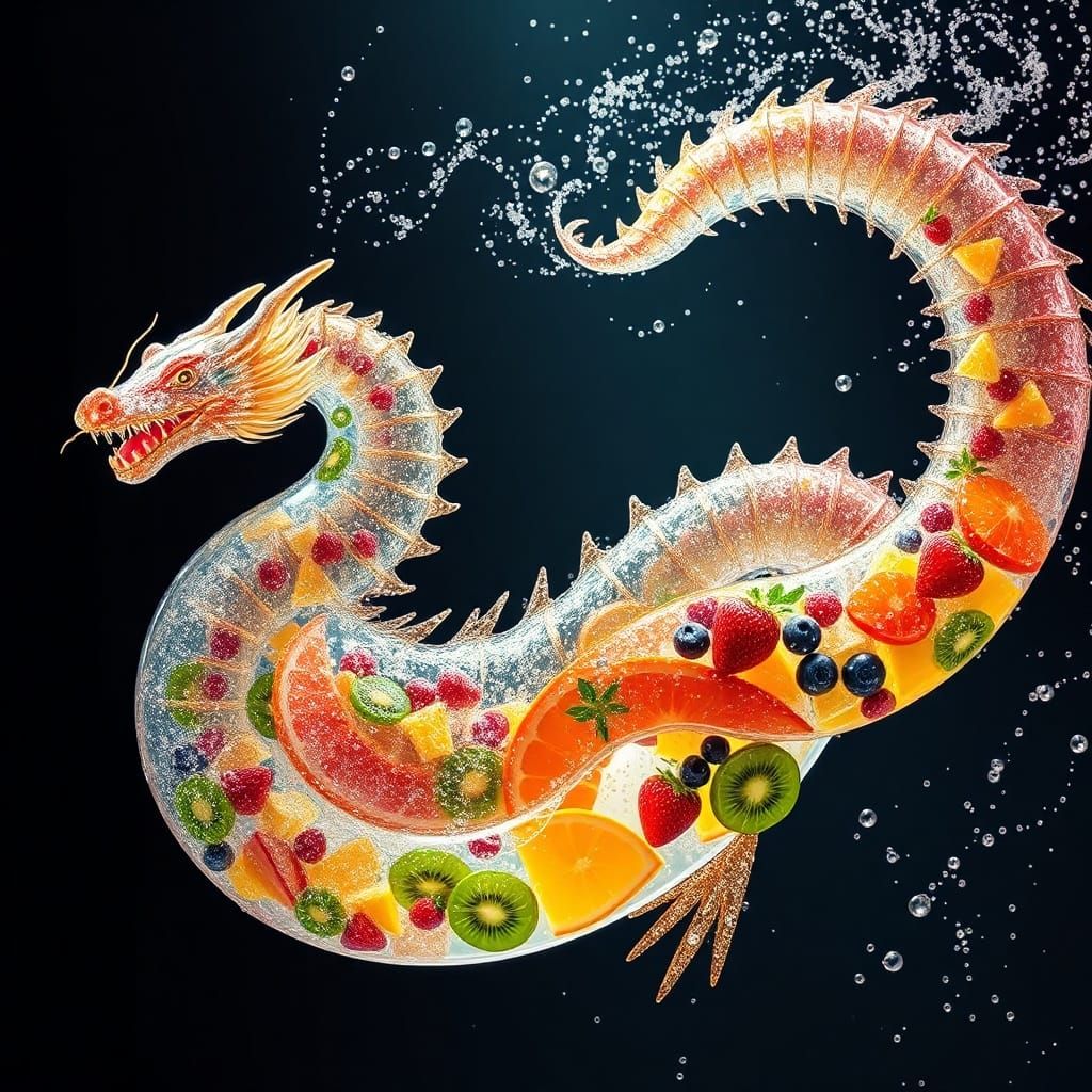 Crystal Soda Dragon with Floating Fruits