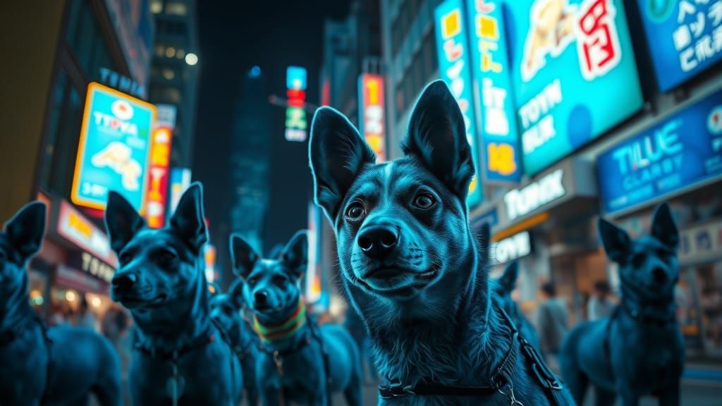 Blue Dogs Party in Neon Tokyo: Hyperrealistic