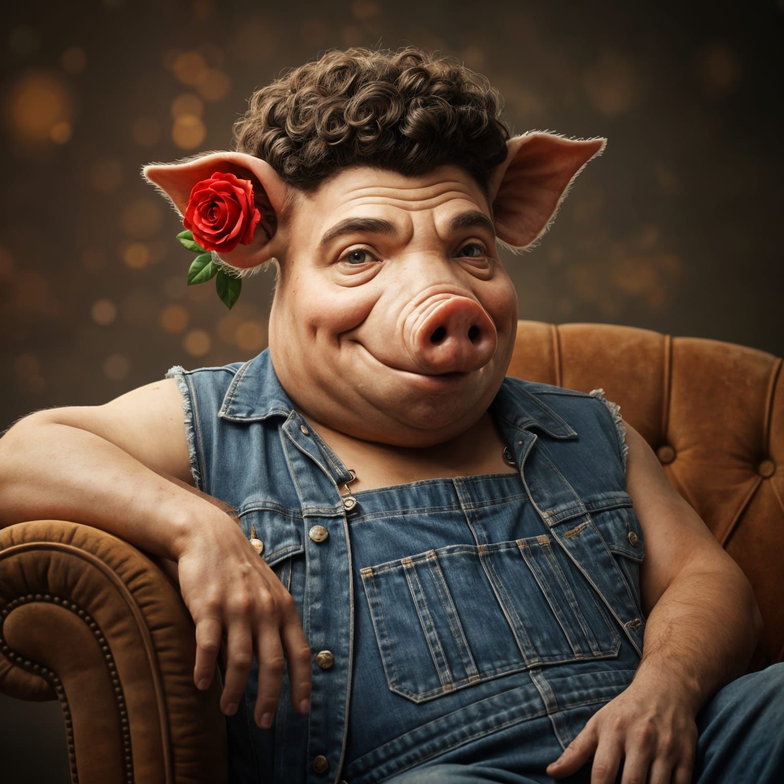 Man with Pig Head and Henna Flower in Art Nouveau Style