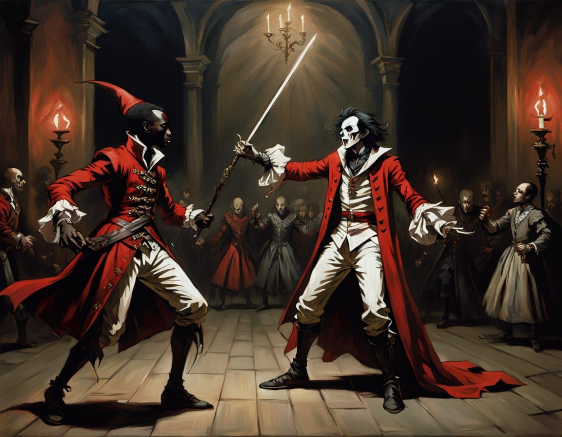Fantasy Duel: Jester vs Vampire in Baroque Style