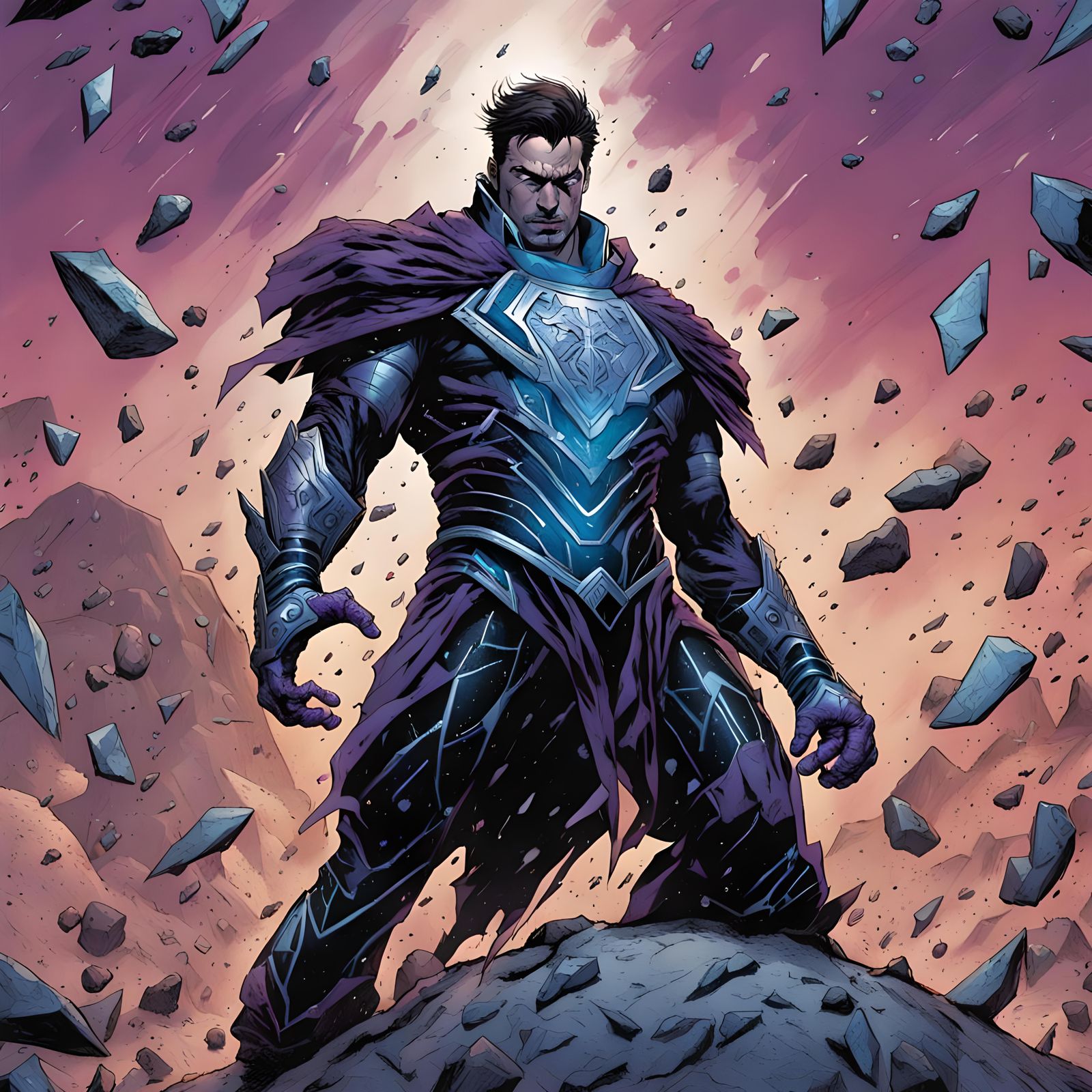 Wounded Armored Hero Reaching Skyward: Comic Book Art