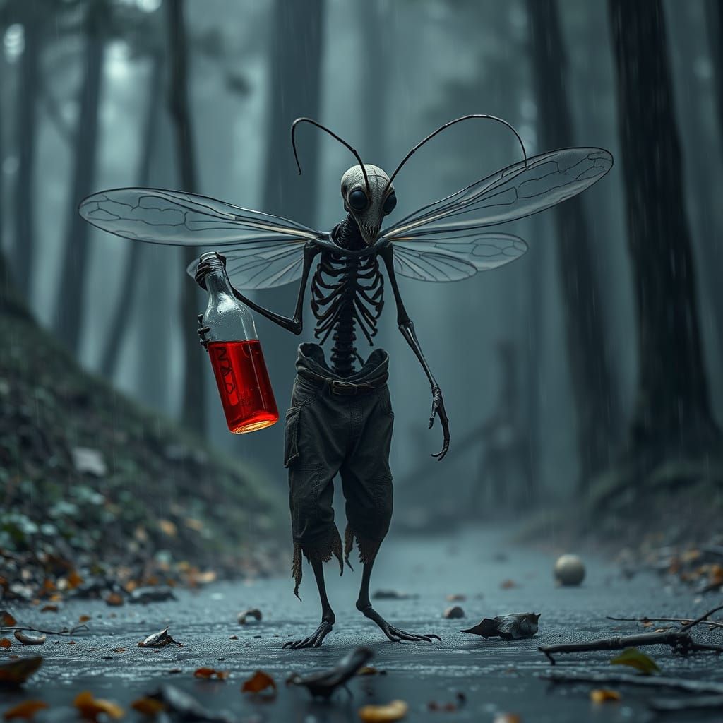 Eerie Mosquito Creature in Rainy Forest