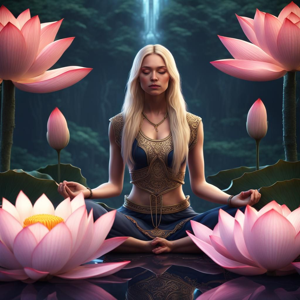 Girl Meditating Before Lotus Flower: Fantasy Art