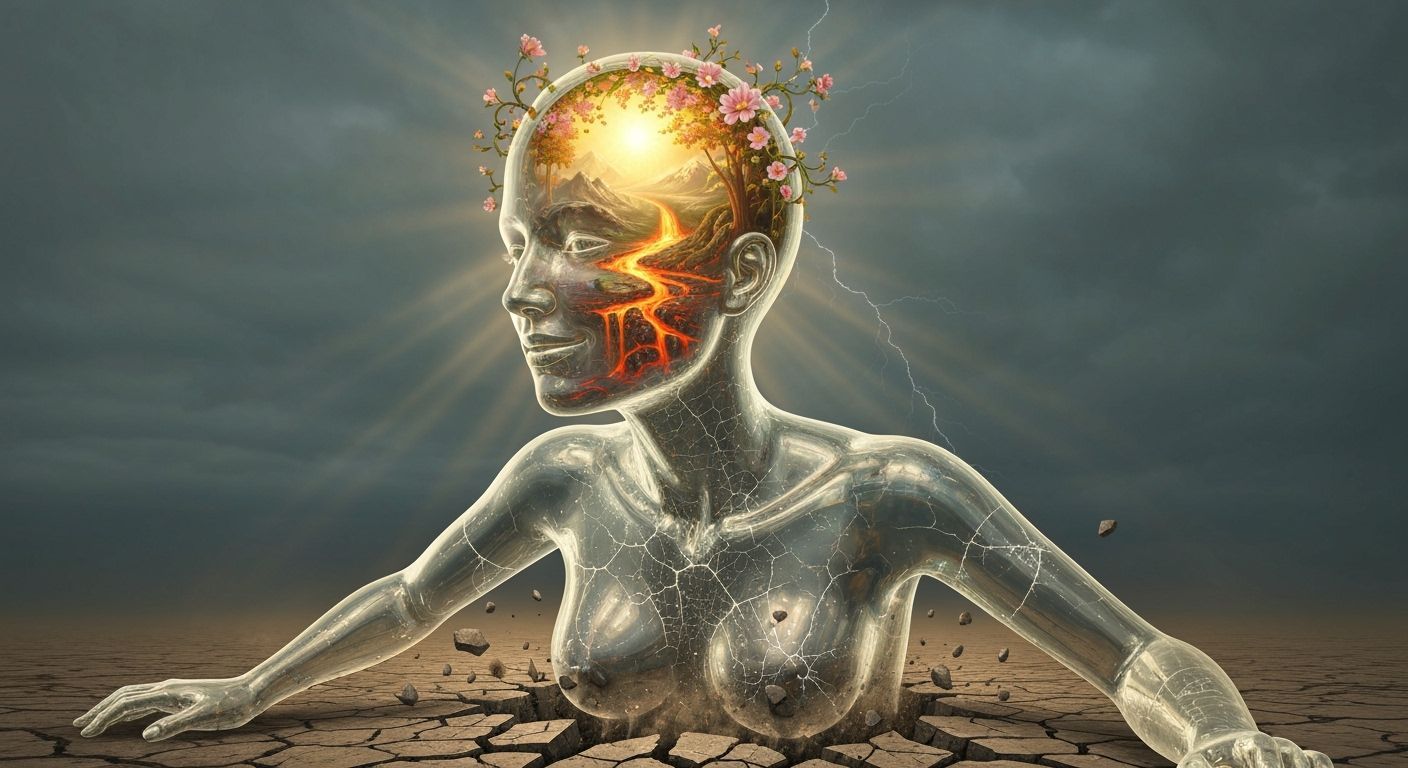 Glass Woman Emerges From Cracked Earth in Surreal Landscape