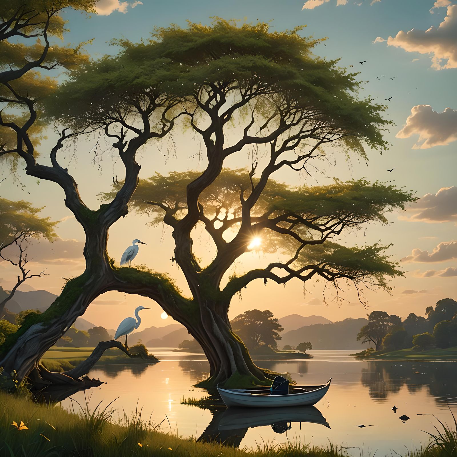 Lagoon Sunset with Heron in Detailed Matte Painting