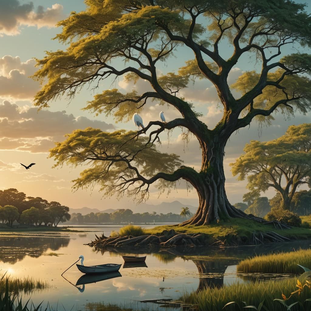 Lagoon Sunset: Majestic Tree and White Heron