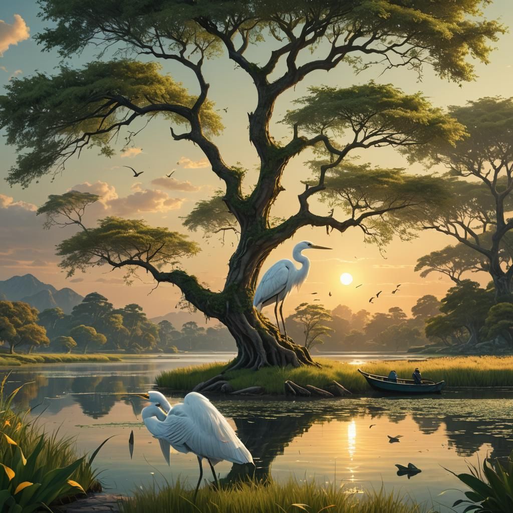 Serene Lagoon Sunset Digital Matte Painting