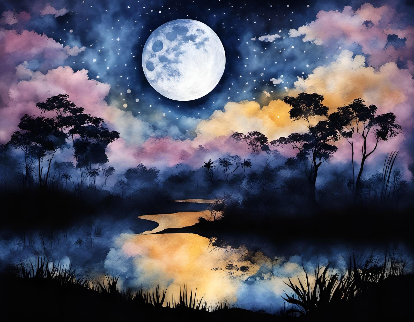 Moon-lit landscape.