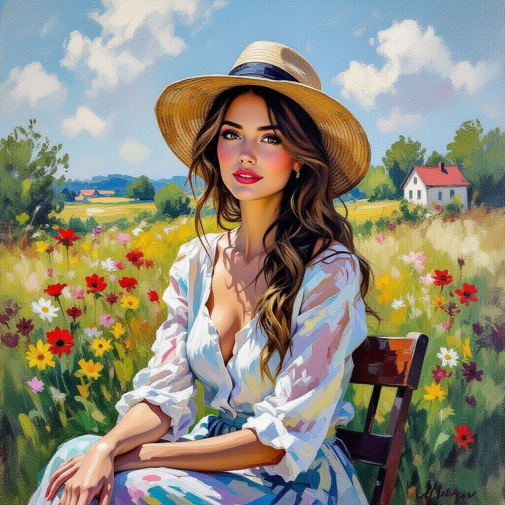 Beautiful Woman in Impressionist, Colorful Setting
