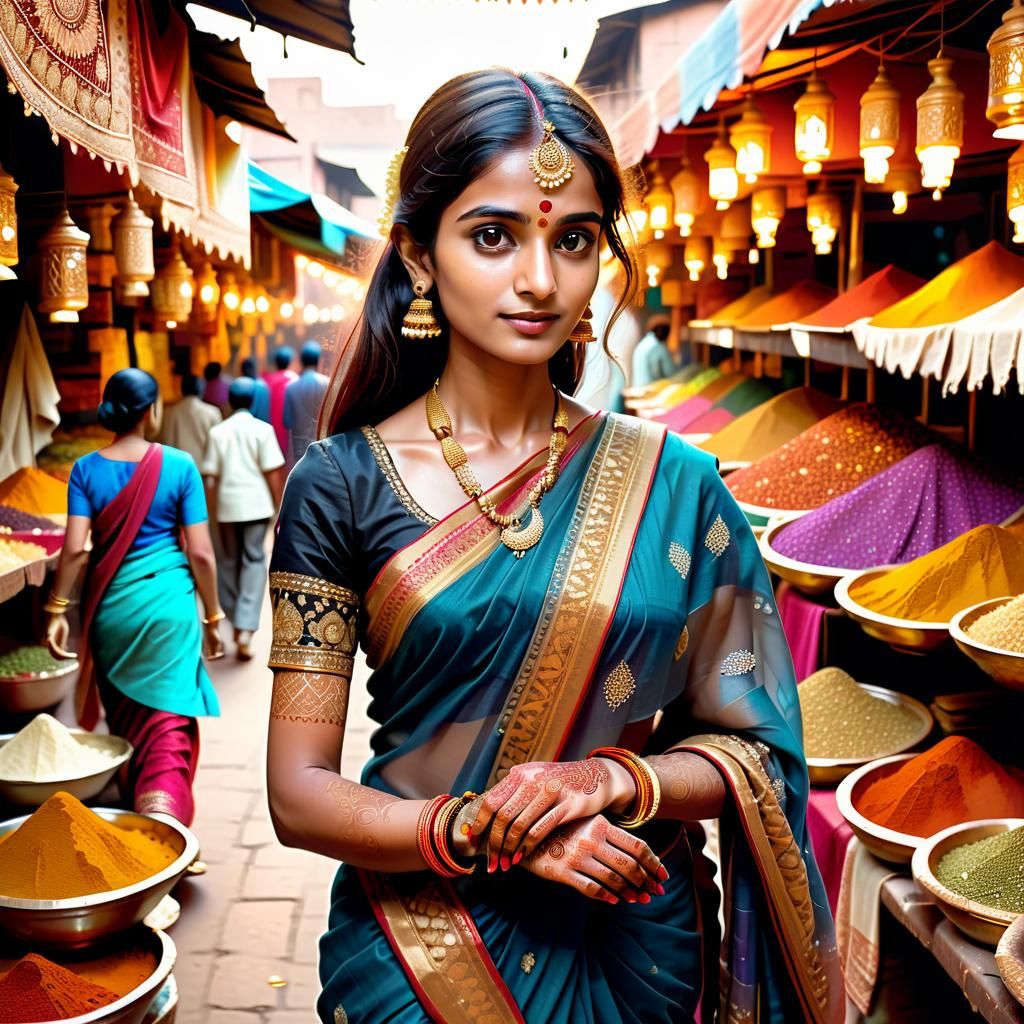 Vibrant Indian Woman Walking Through Market in Traditional S...