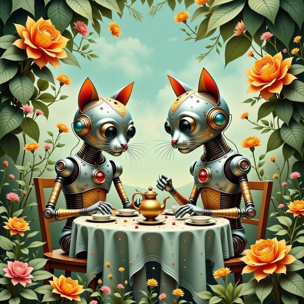 Steampunk Cat Robots Tea Party in Garden