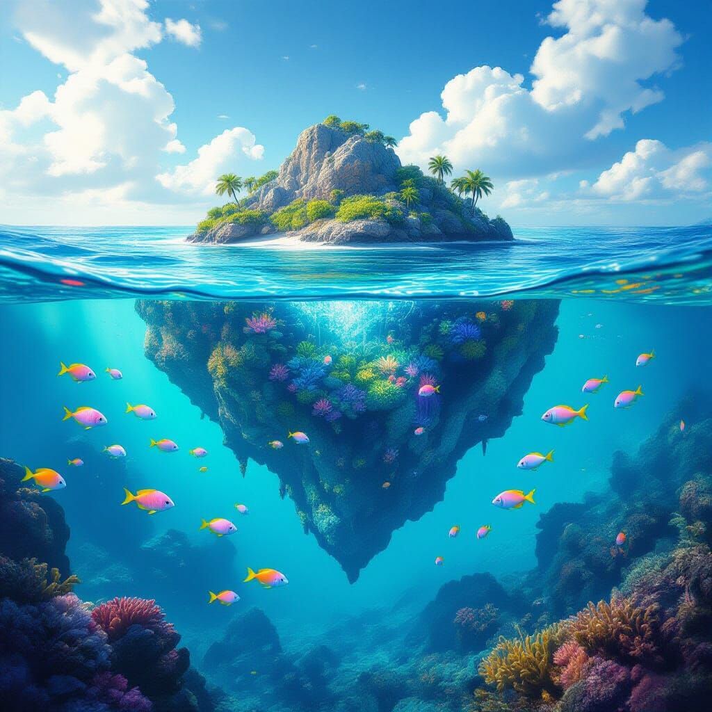 Surreal Coral Reef on Floating Island in Tropical Sea