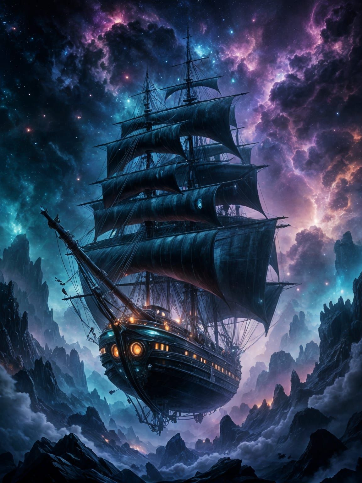 Futuristic Black Pearl Spaceship in Haunted Nebula