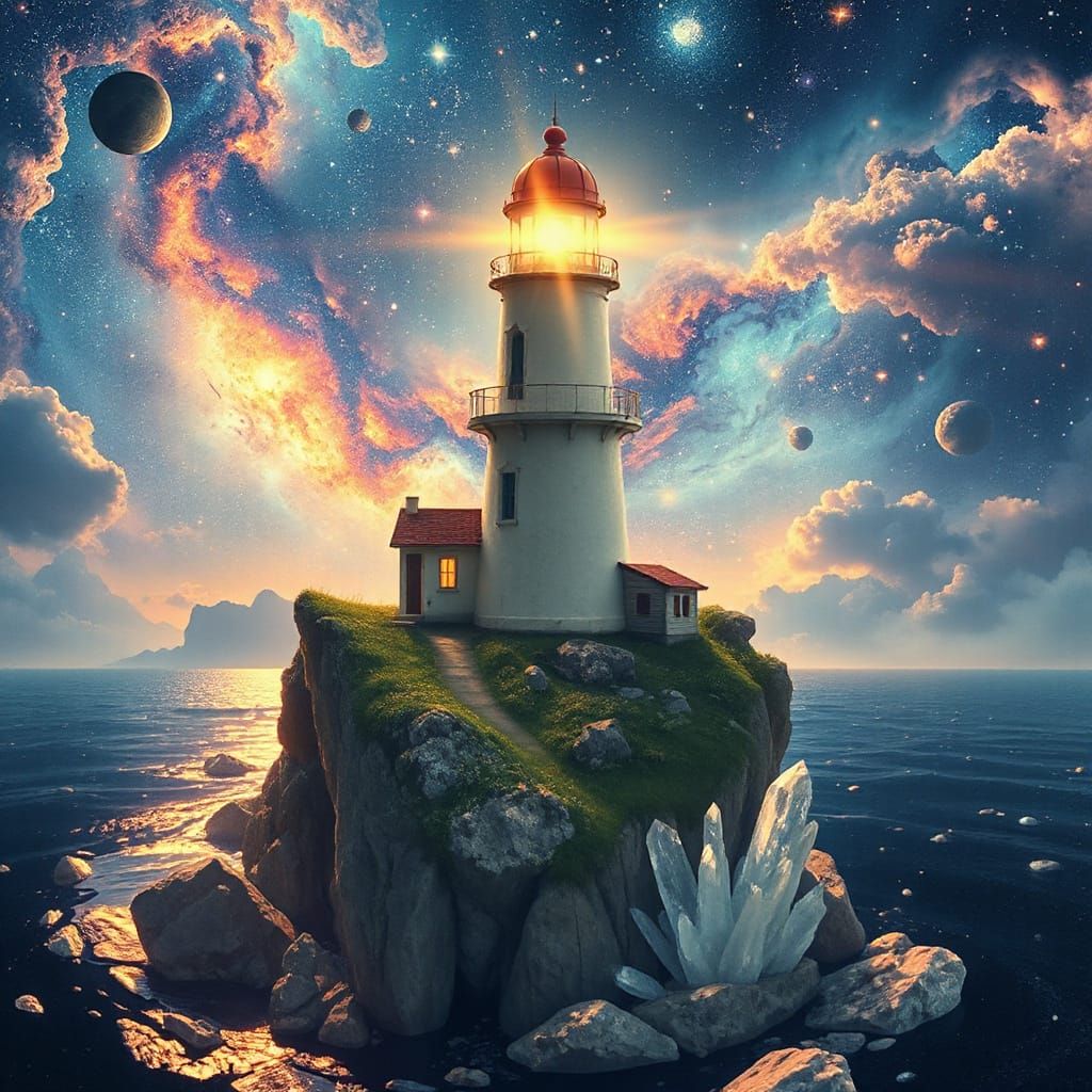 Cosmic Lighthouse Keeper in Art Nouveau Style