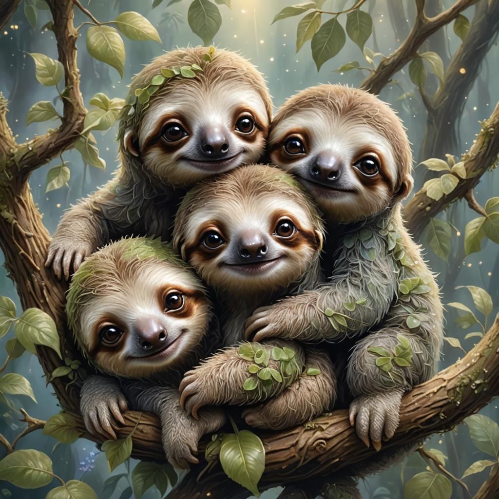 Cute Baby Sloths Cuddling in Fantasy Style