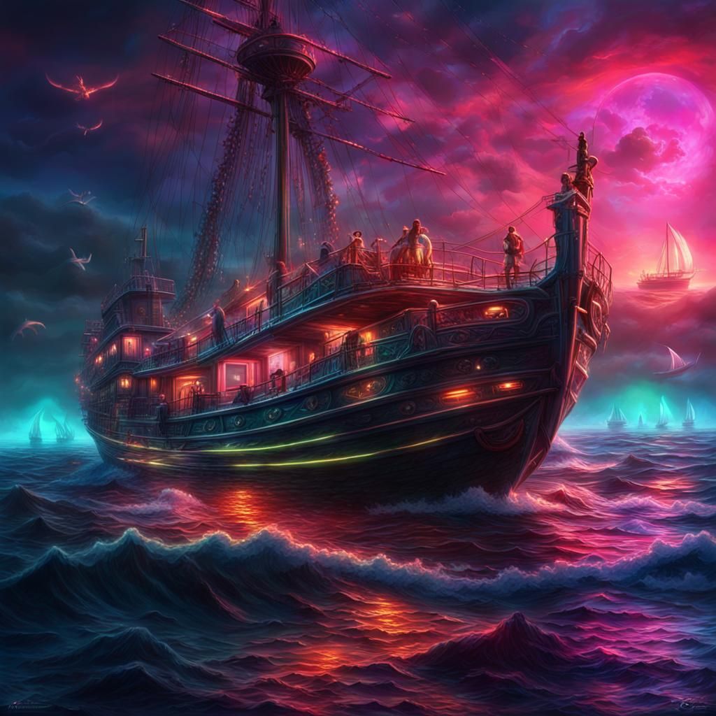 Neon Sea Mermaid Gazing at Shipwrecked Sailor