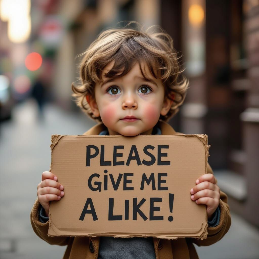Emotional Child Holding 'Please Like' Sign in Soft Light