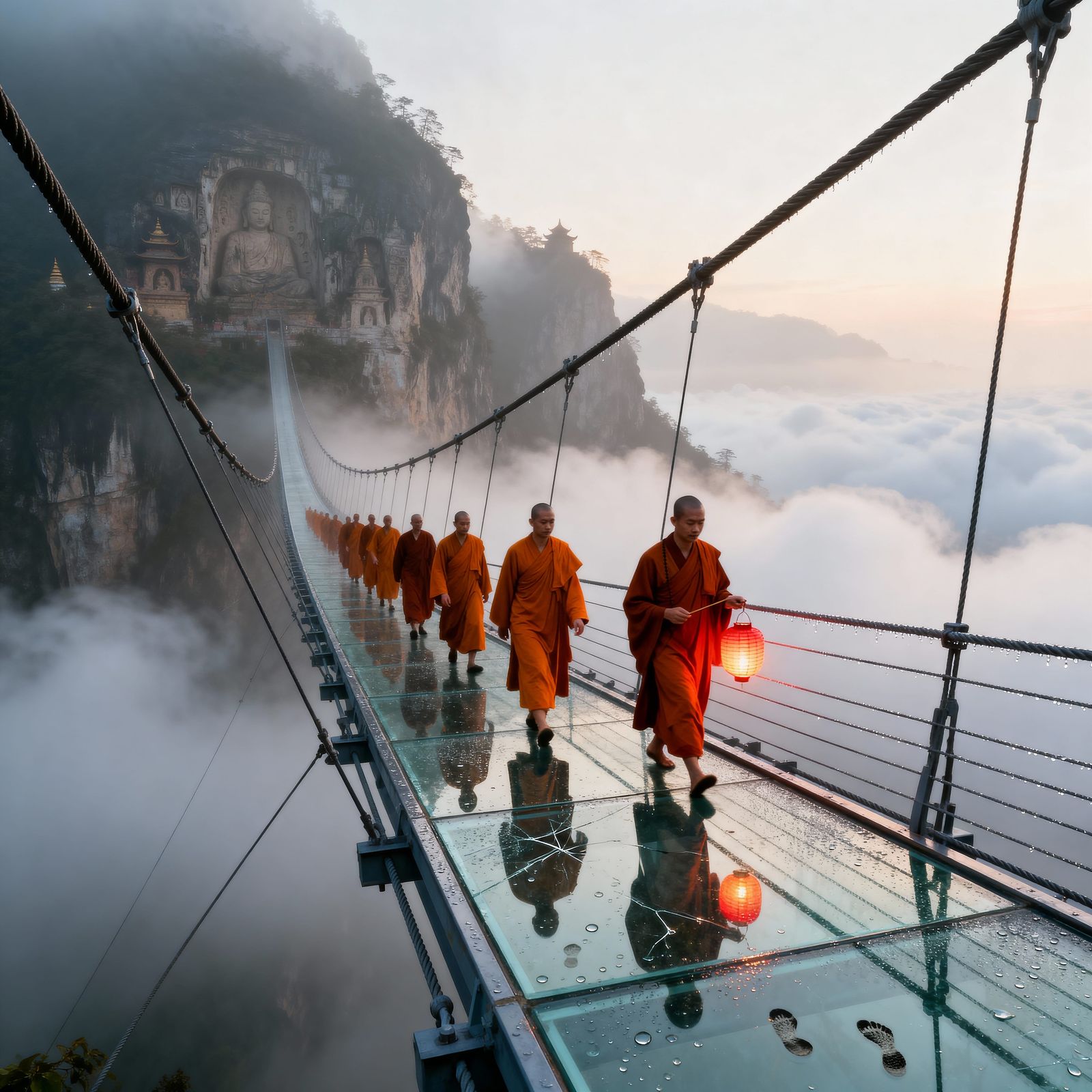 Buddhist Monks Walk Over Misty Mountain Suspension Bridge