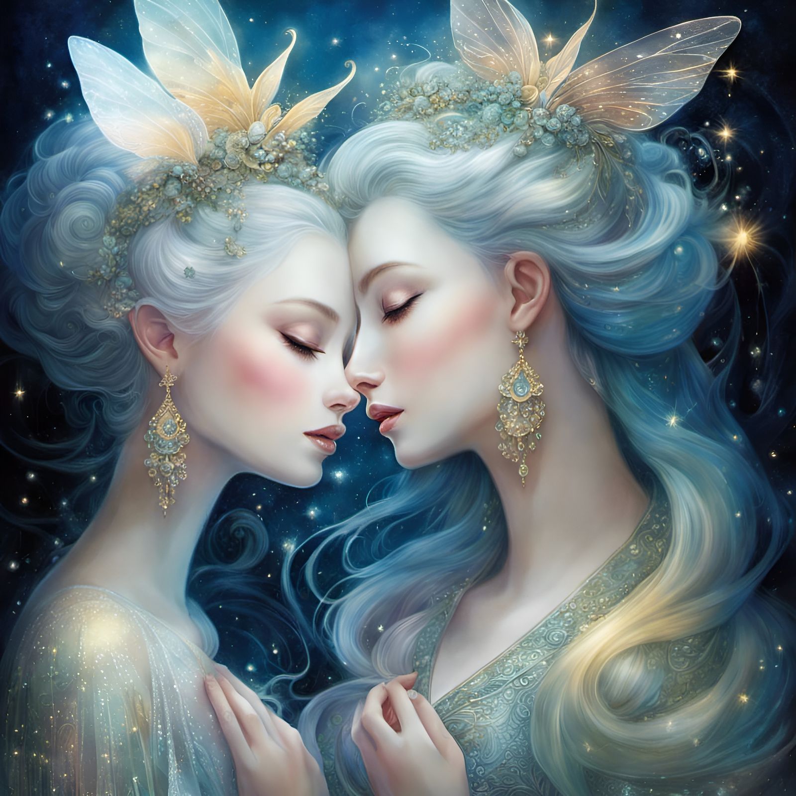 Moon Fairies Embrace in Rococo Illustration