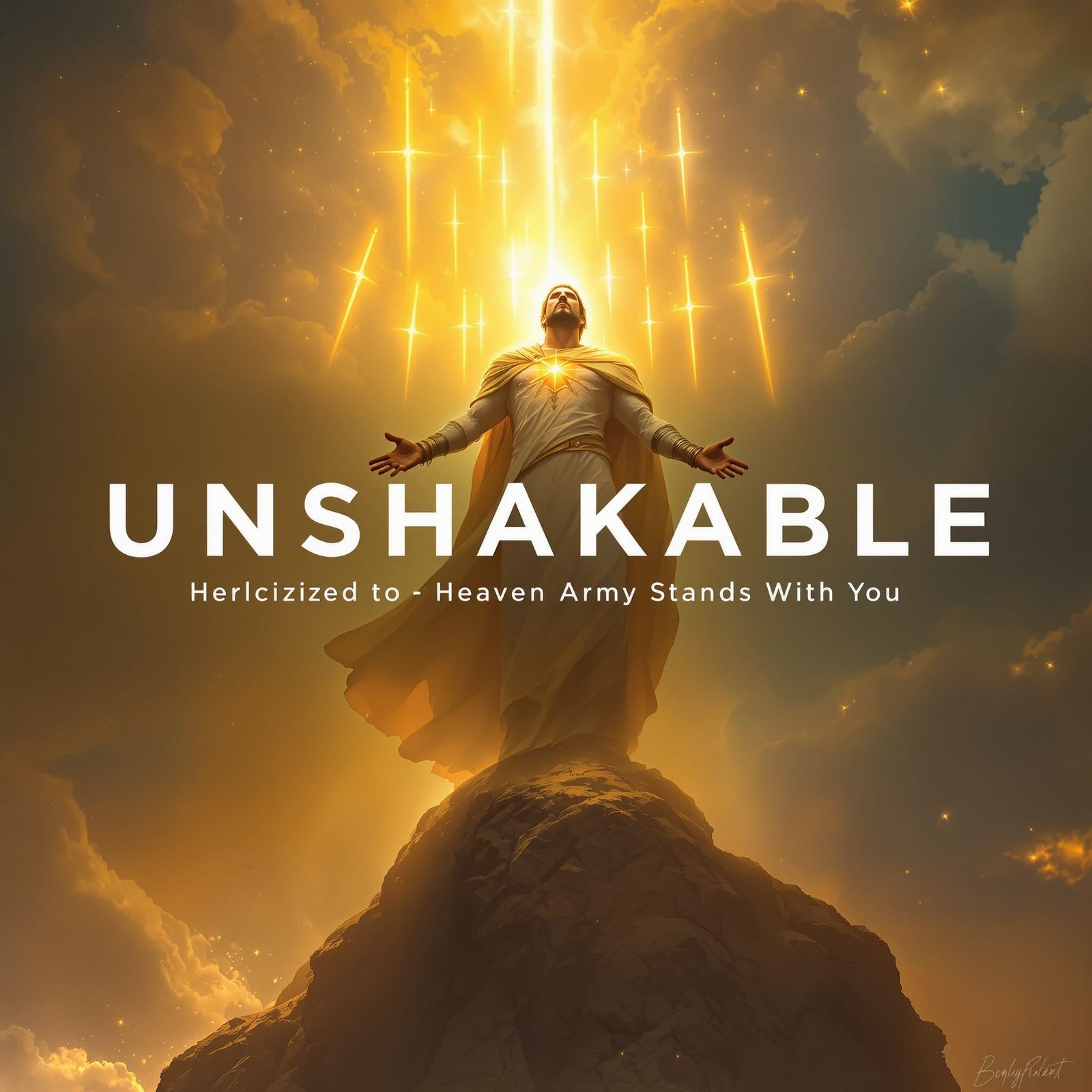 Heroic Figure with Heavenly Army in Digital Painting Style