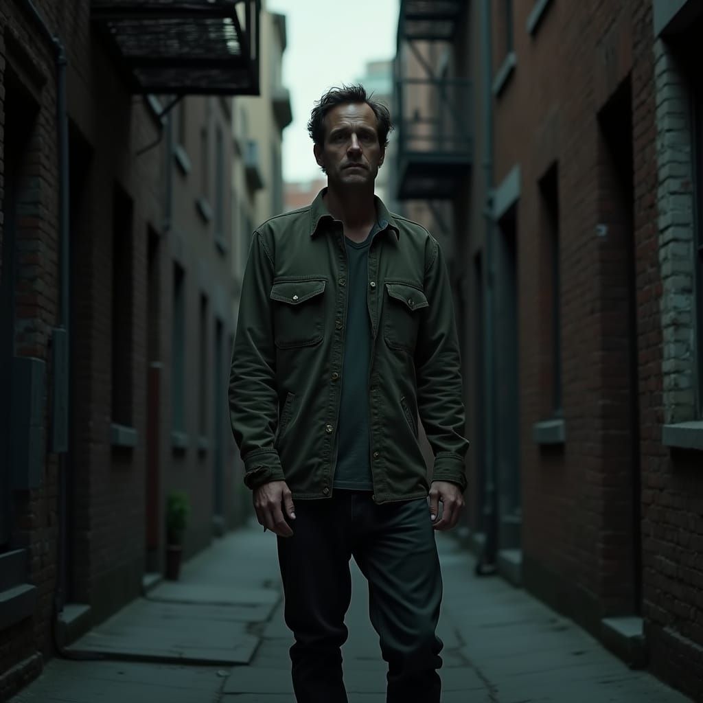Man in a Gritty Urban Alleyway in Film Noir Style