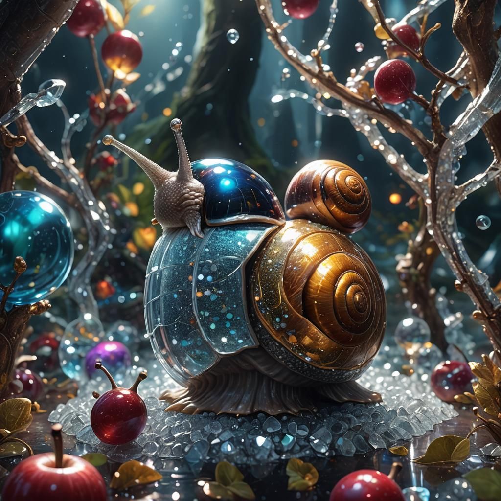 Glowing Snail on Crystal Apple, Fantasy Concept Art