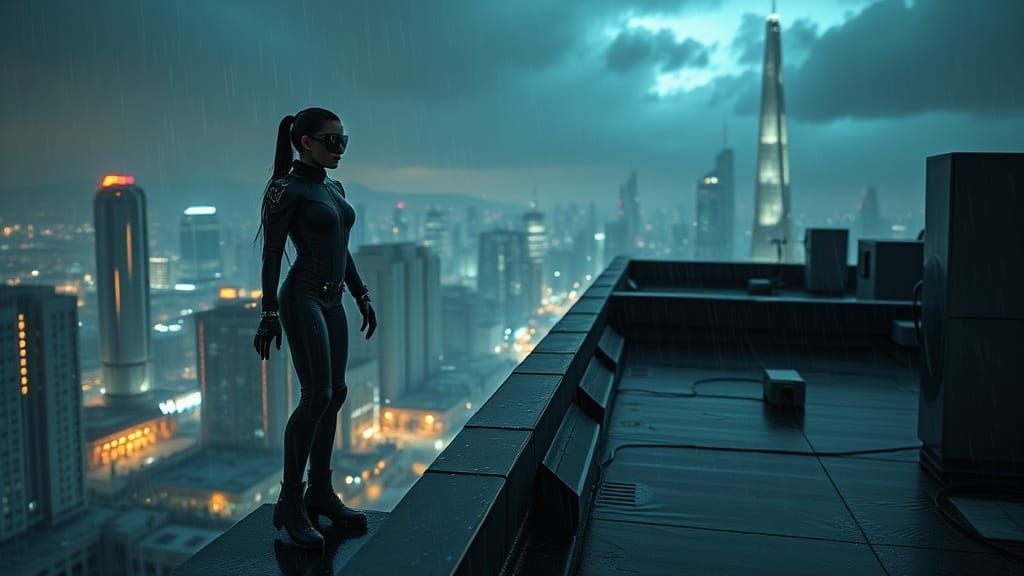 Agent Runline: Sci-Fi Noir Field Agent on Rooftop