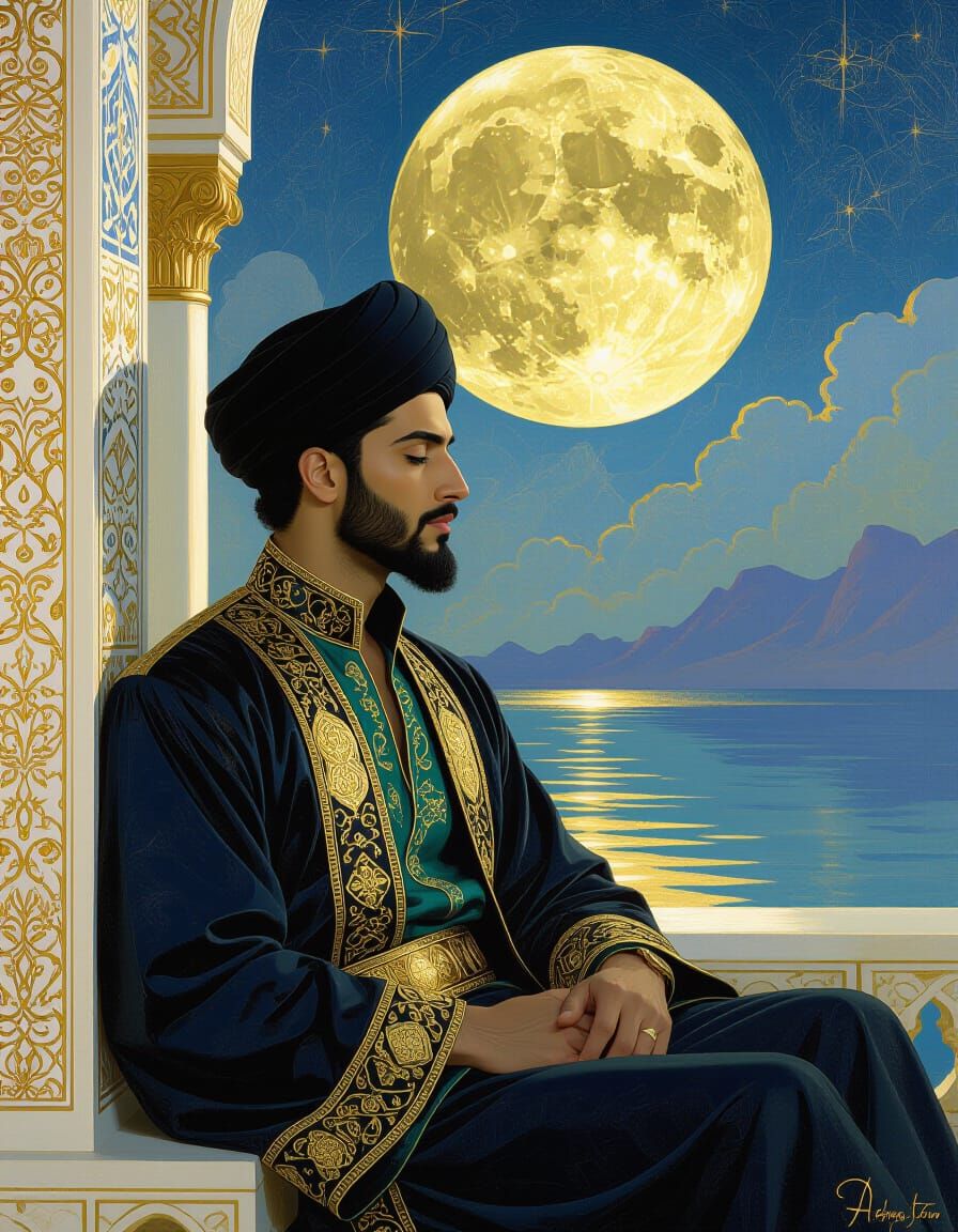Opulent Muslim Prince in Dreamlike Surrealist Moonlight