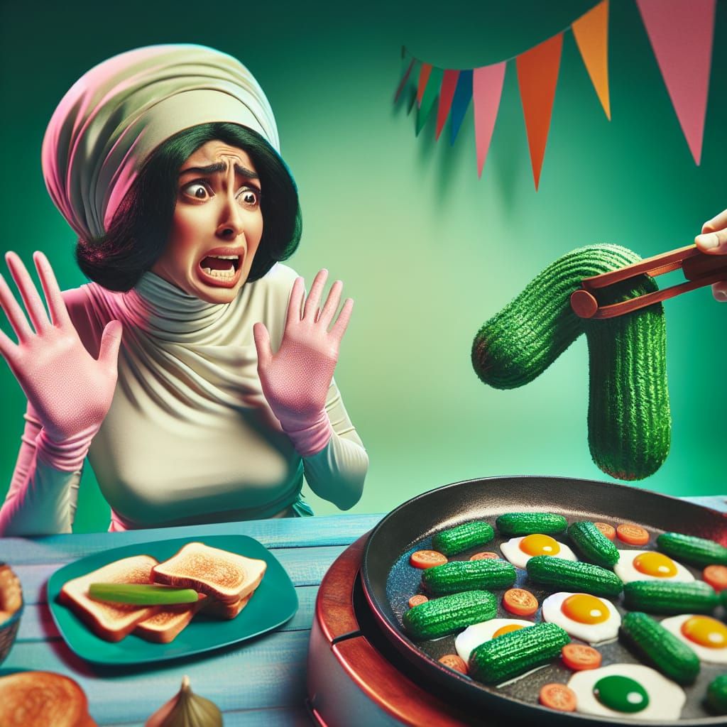 Playful Scene of Woman Resisting Green Eggs and Ham