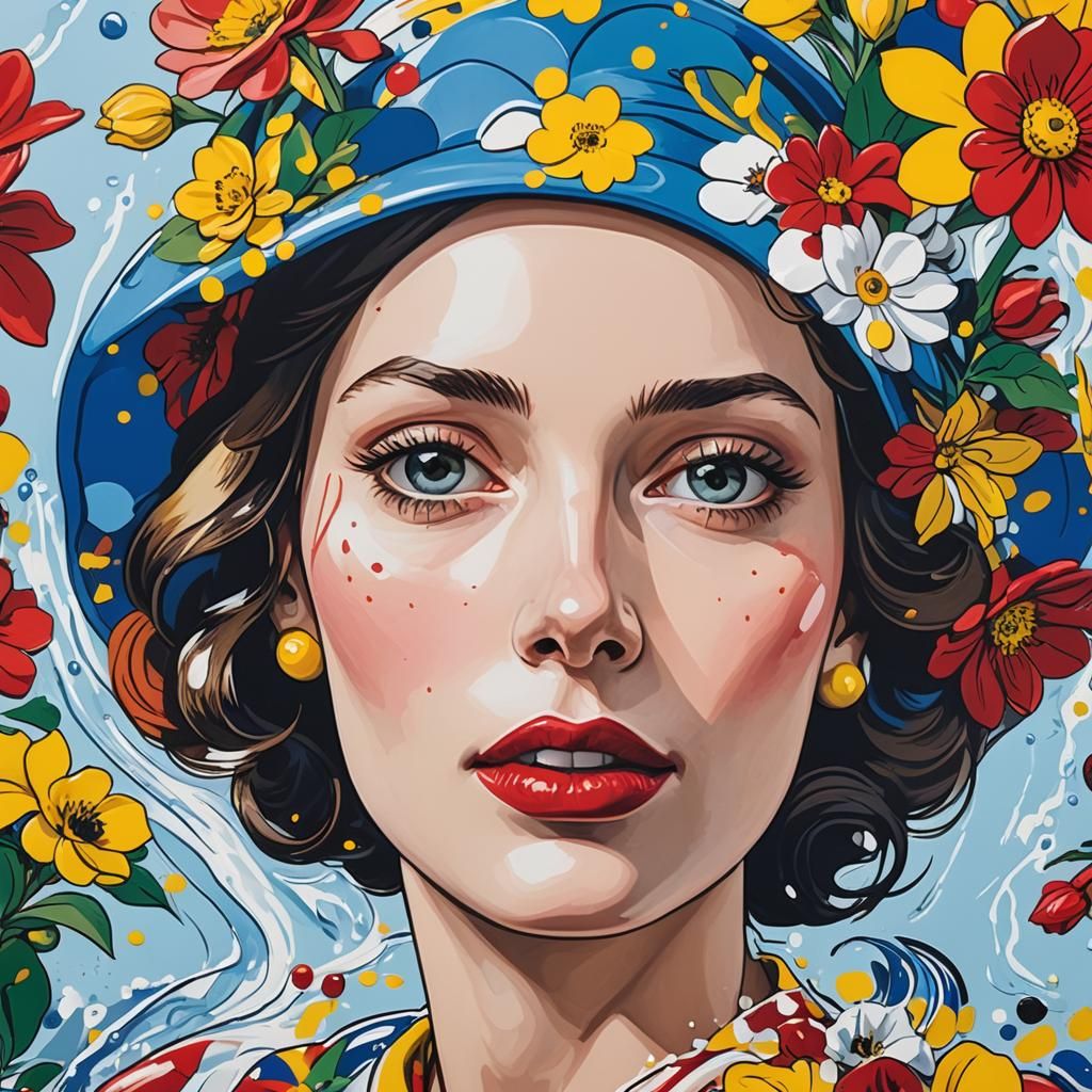 Close-up Liechtenstein-style Woman in Swimming Pool Cap with...