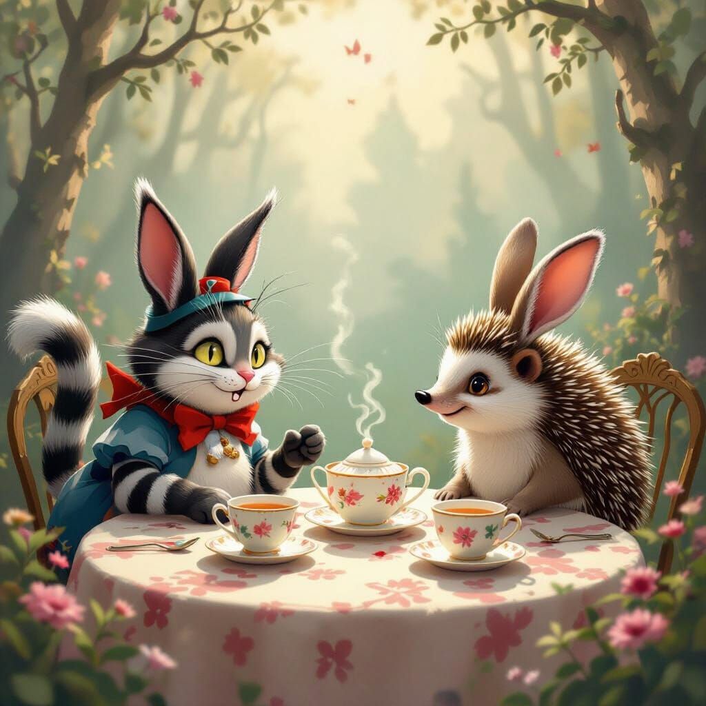 Whimsical Tea Party: Cheshire Cat, Rabbit, and Hedgehog in F...