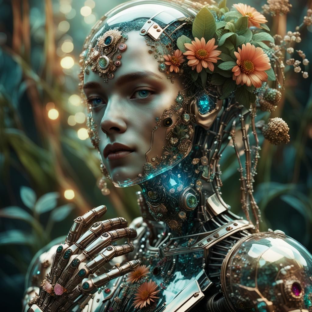 Femme Robot with Plants and Jewels in Digital Art