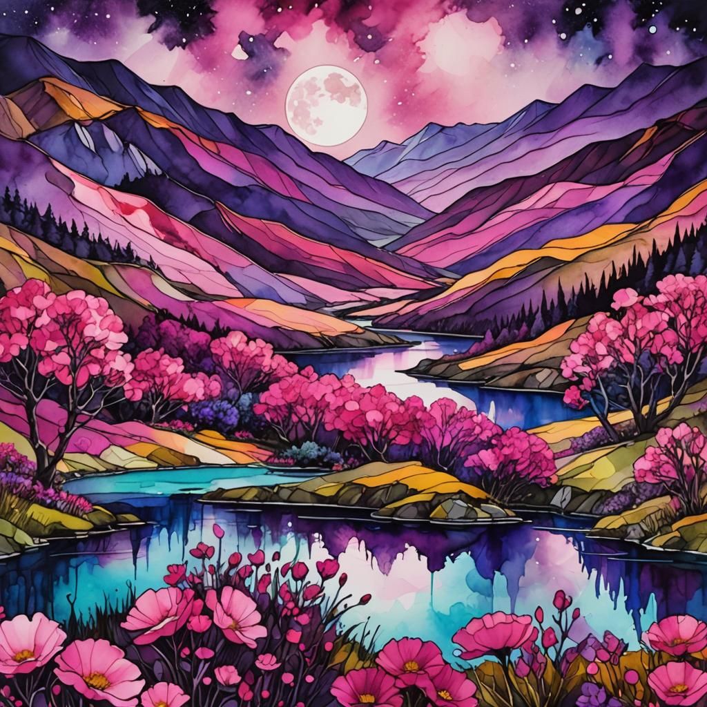Neon Alcohol Ink Flowers in Moonlit Valley