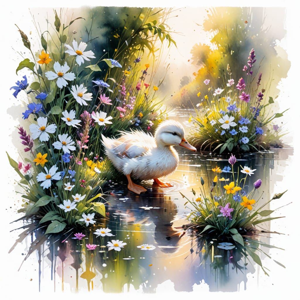 Vibrant Watercolour Duckling in a Sunlit Garden