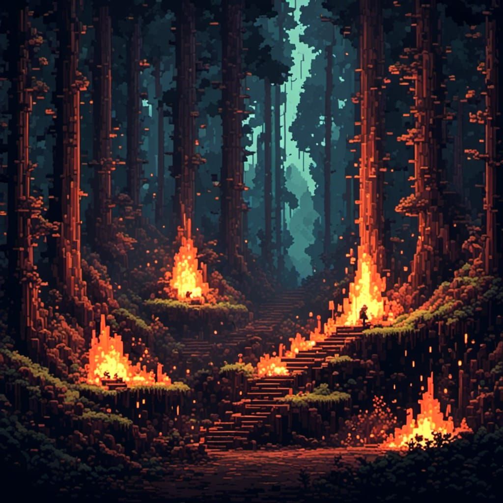 Small Fire in Dark Forest: 2D Illustration