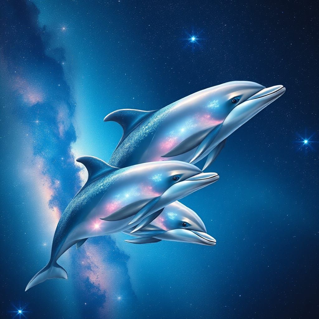 Surreal Dolphins Swim through Starry Andromeda Galaxy