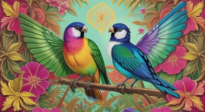 Vibrant Birds in a Whimsical Gold Leaf Forest