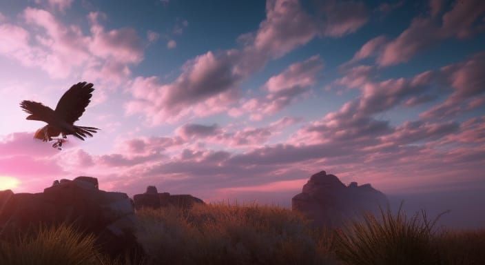 Hawk Soaring Through Colorful Sunset Sky