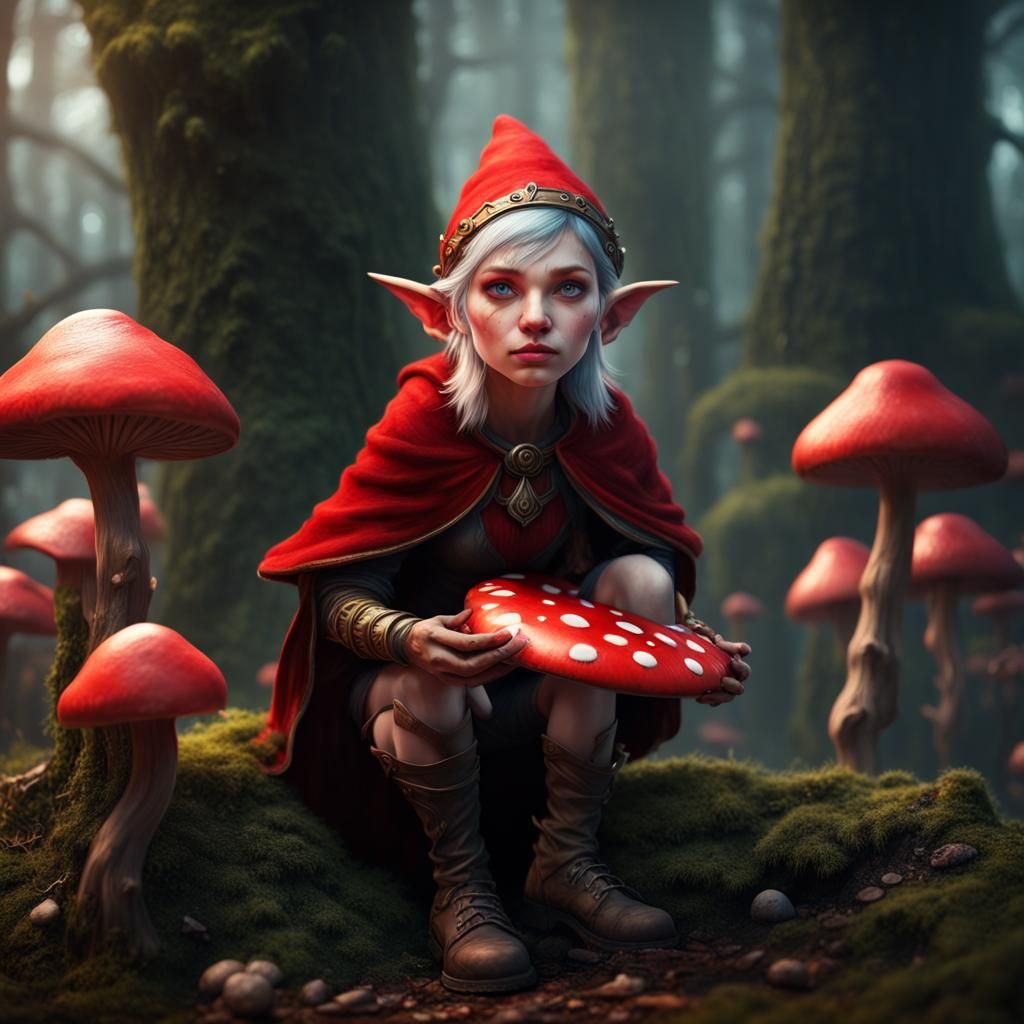 Fantastical Elf Under Mushroom: Detailed Matte Painting