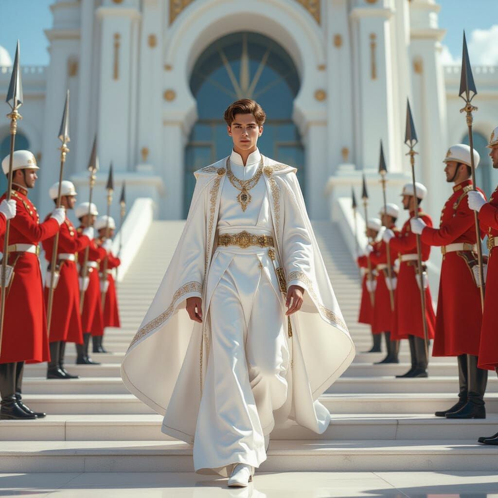 Futuristic Prince Descends Palace Steps in Sci-Fi Art
