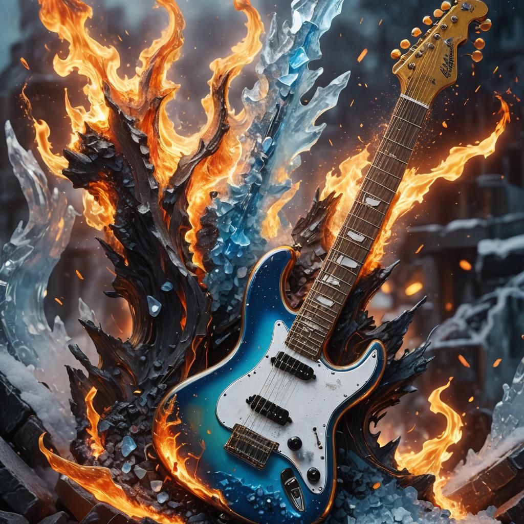 Surreal Flaming and Frozen Electric Guitar