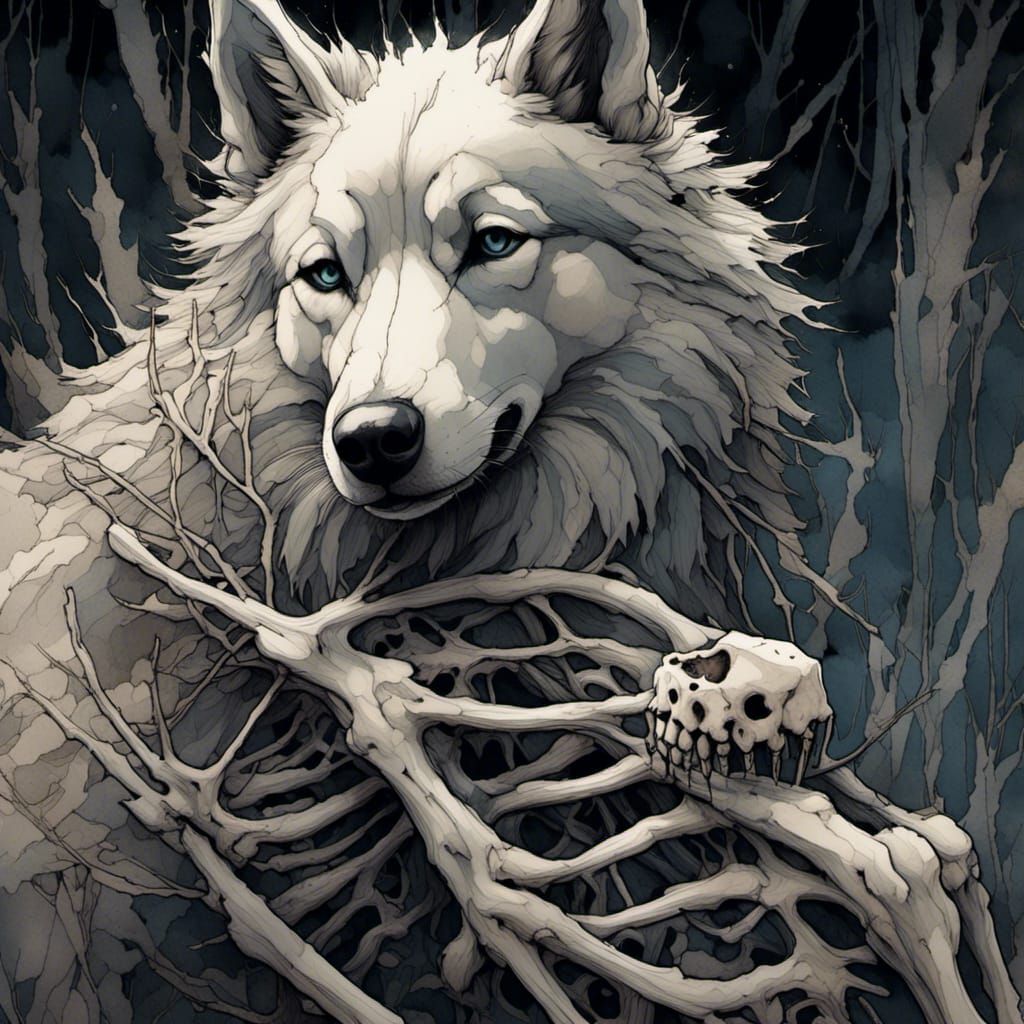 Husky Cuddles Skeleton Dog in 3D Anime Art