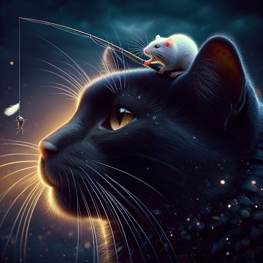 Black Cat in Profile with White Mouse and Feathered Fishing ...